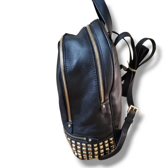 MICHAEL KORS Rhea Medium Black Studded Pebbled Leather Gold Details Backpack - Picture 9 of 17